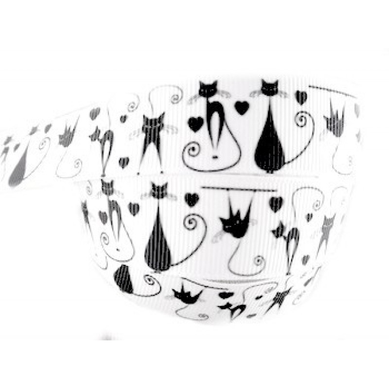 1 Mètre de Ruban Gros Grain Chat Noir et Blanc 22mm