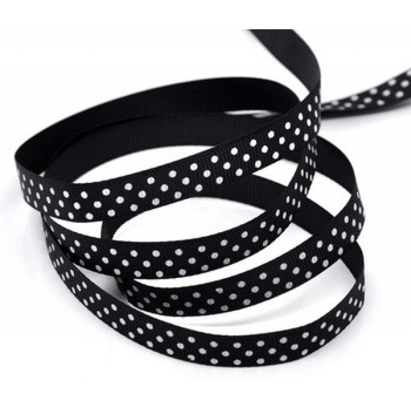 2 Mètres de Ruban Noir et Blanc Gros Grain Noir à Pois Blanc 9mm