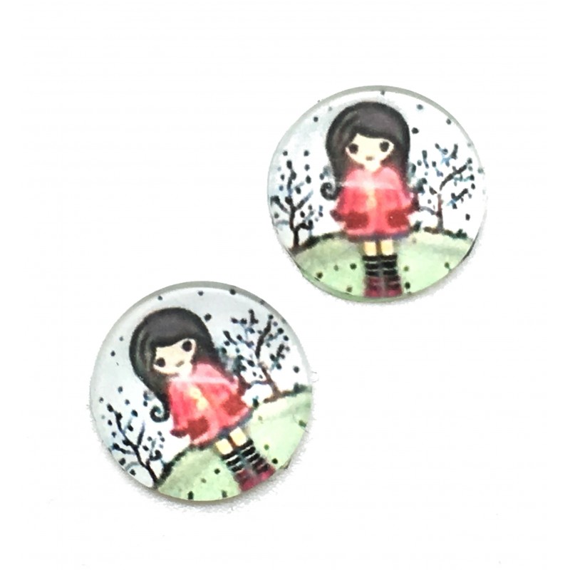 2 Cabochons en Verre Illustrés Petite Fille au Manteau Rouge 12mm