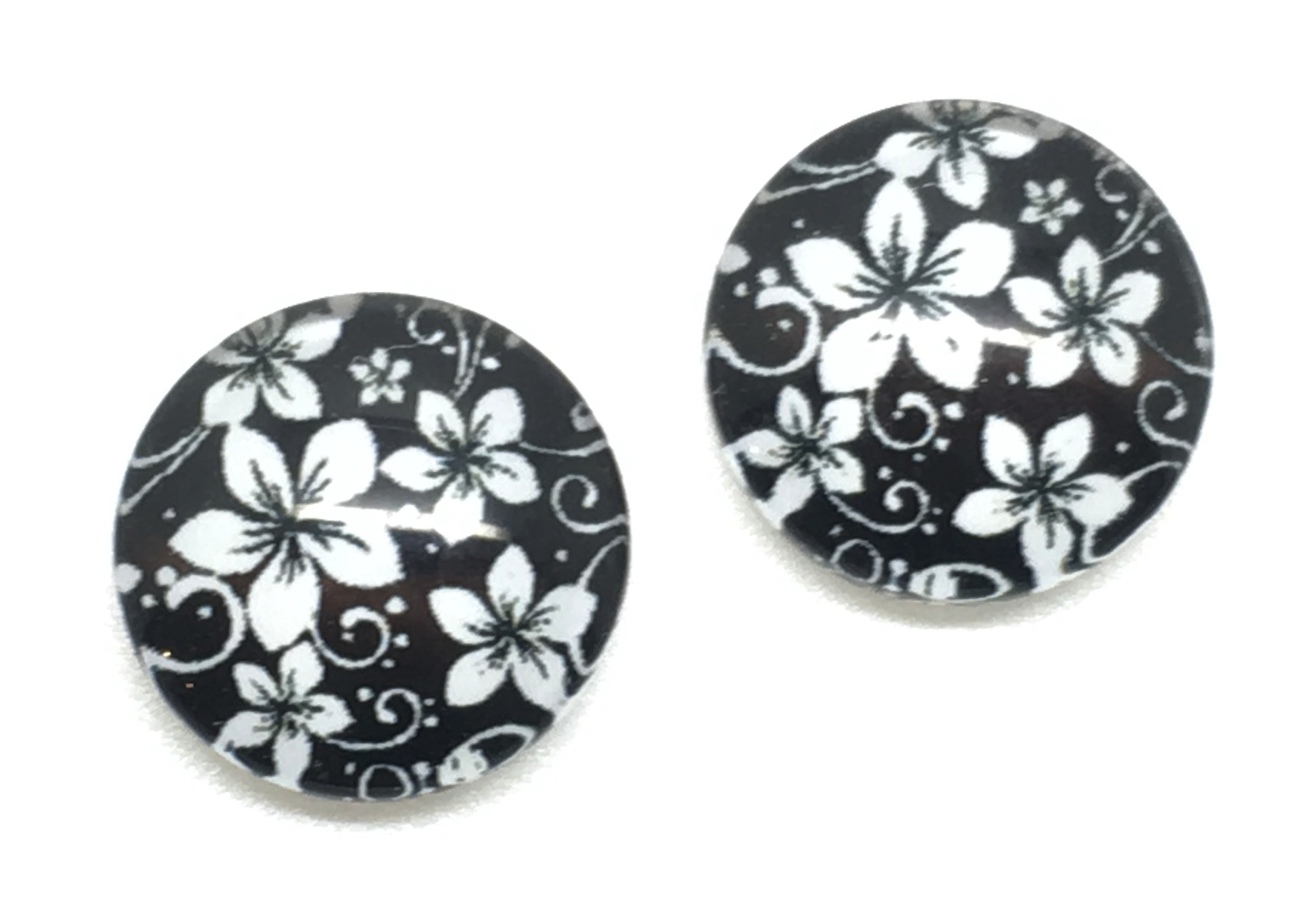 2 Cabochons en Verre Illustrés Fleurs Noir et Blanc 12mm