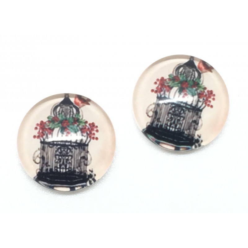 2 Cabochons en Verre Illustrés Cage Oiseau 12mm