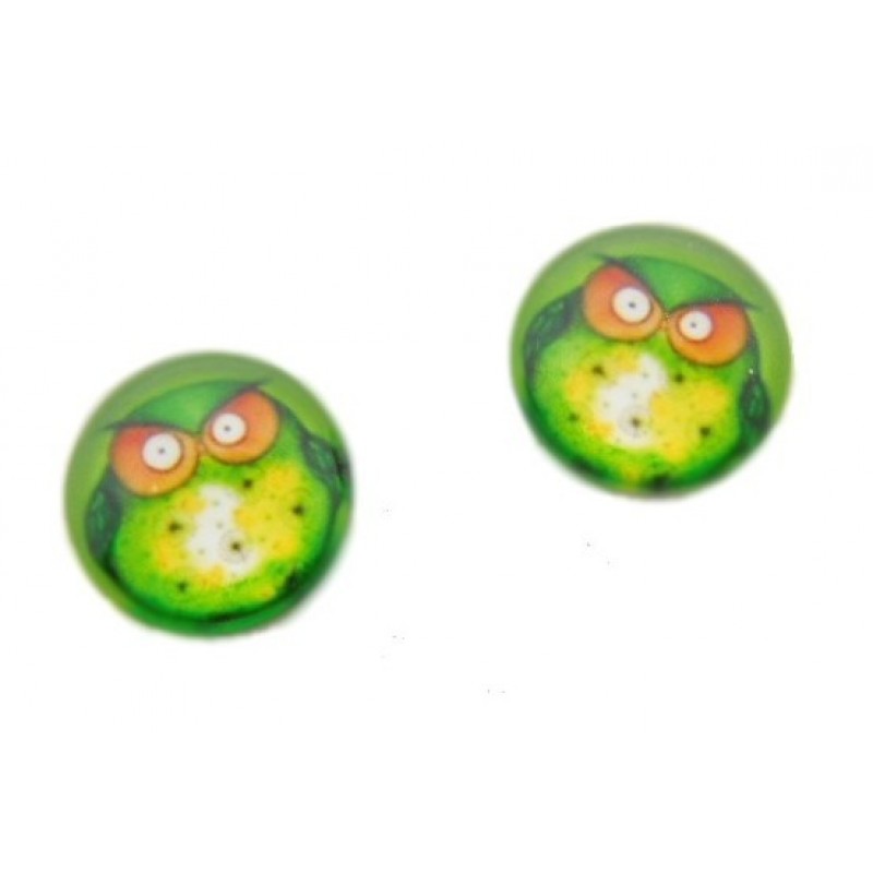 2 Cabochons en Verre Illustrés Hibou Vert 12mm
