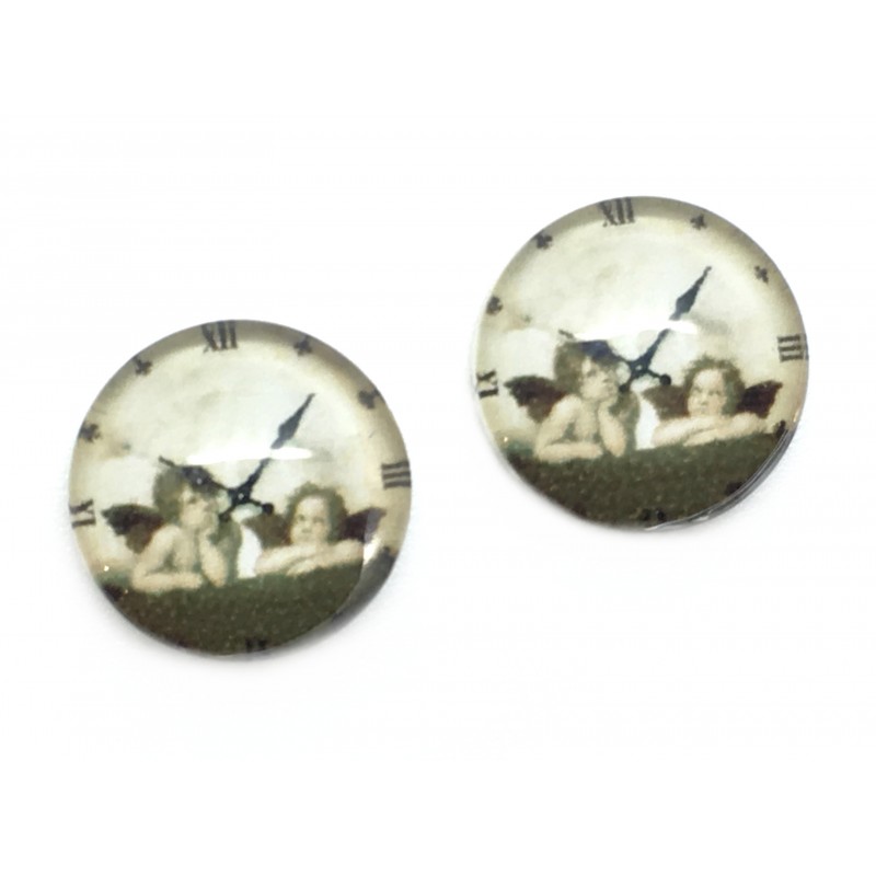 2 Cabochons en Verre Illustré Horloge Ange 12mm