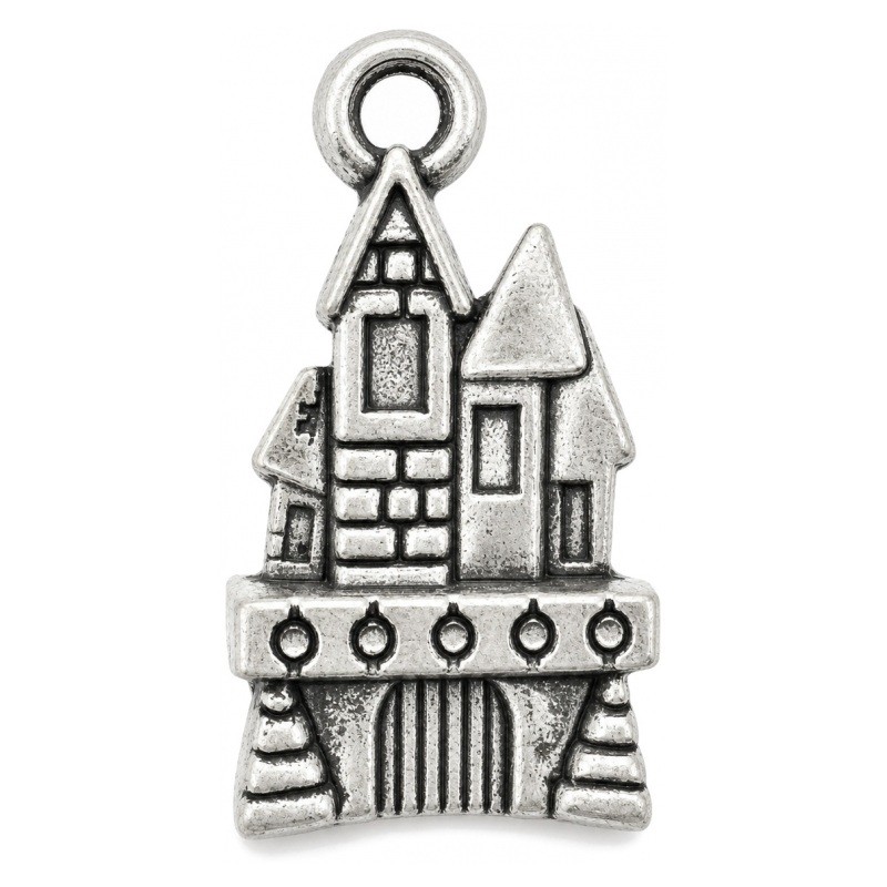 4 Breloques Château Princesse Argenté à Strasser 21x11mm