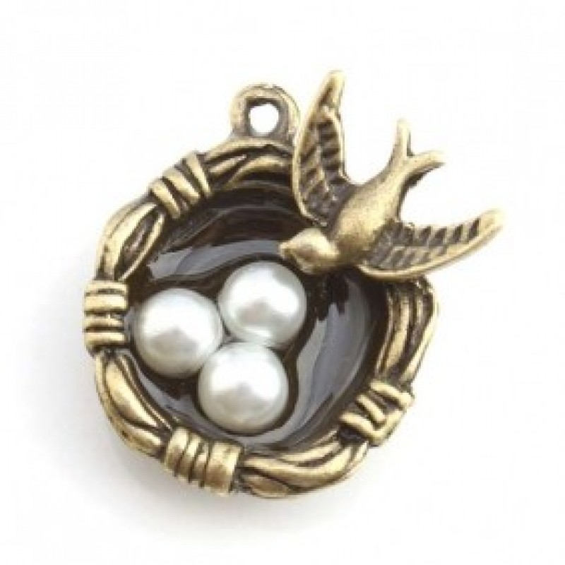 2 Breloques Nid Oiseau Oeuf Perle Bronze 25mm