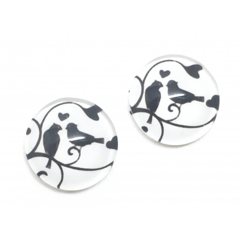 2 Cabochons en Verre Illustrés Silhouette Oiseau 12mm