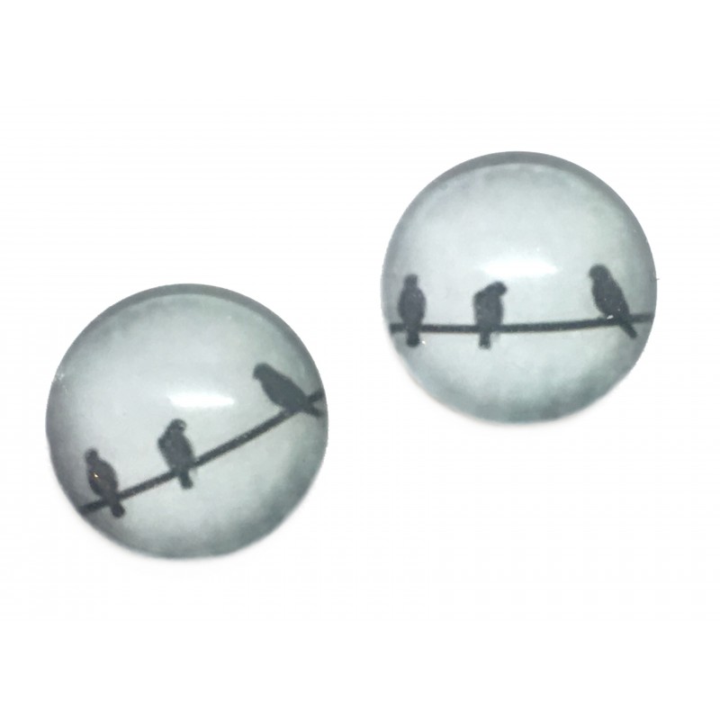 2 Cabochons en Verre Illustrés Silhouette Oiseau 12mm