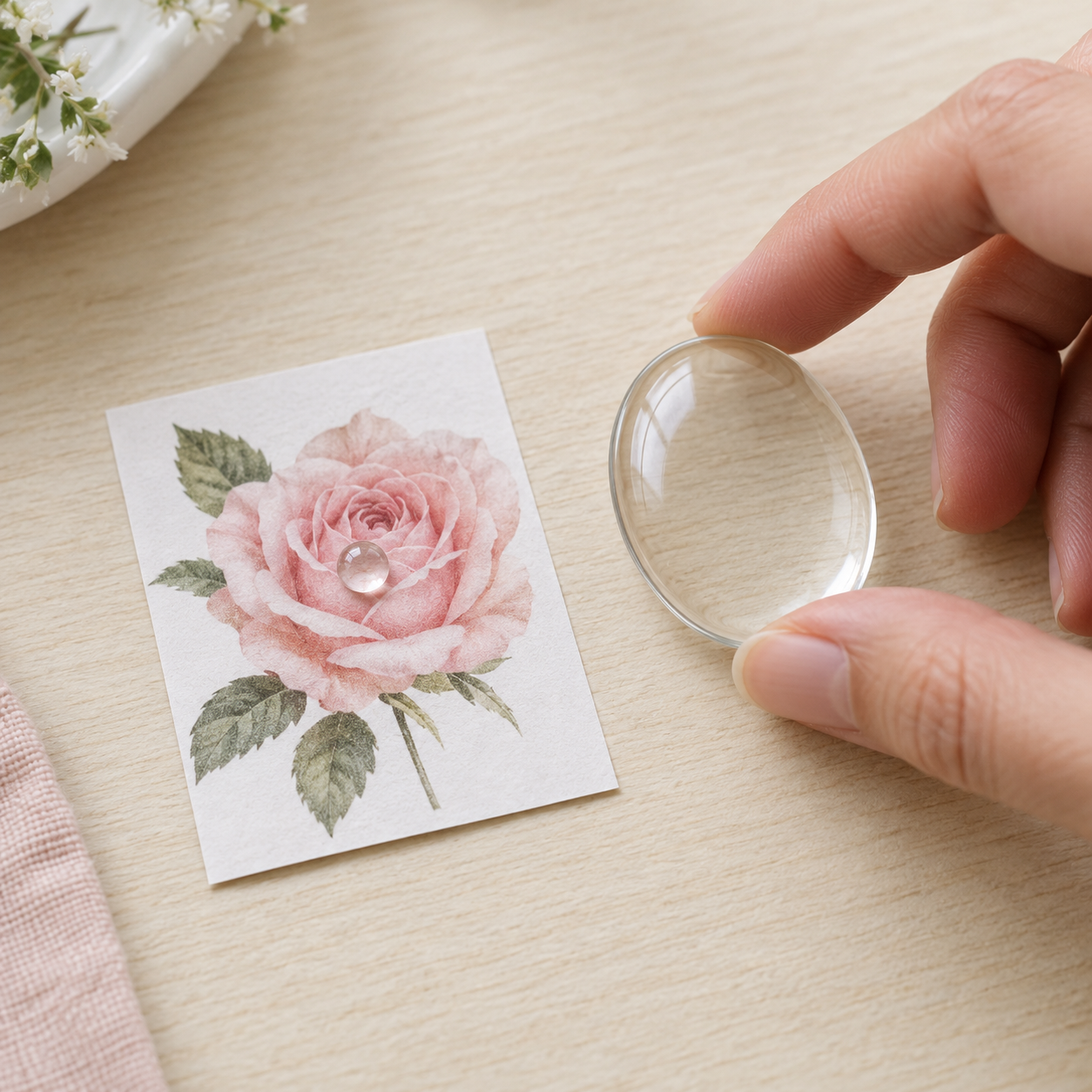 Une goutte de Diamond Glaze sur une rose imprimée, avec le cabochon ovale de 30x40mm à côté