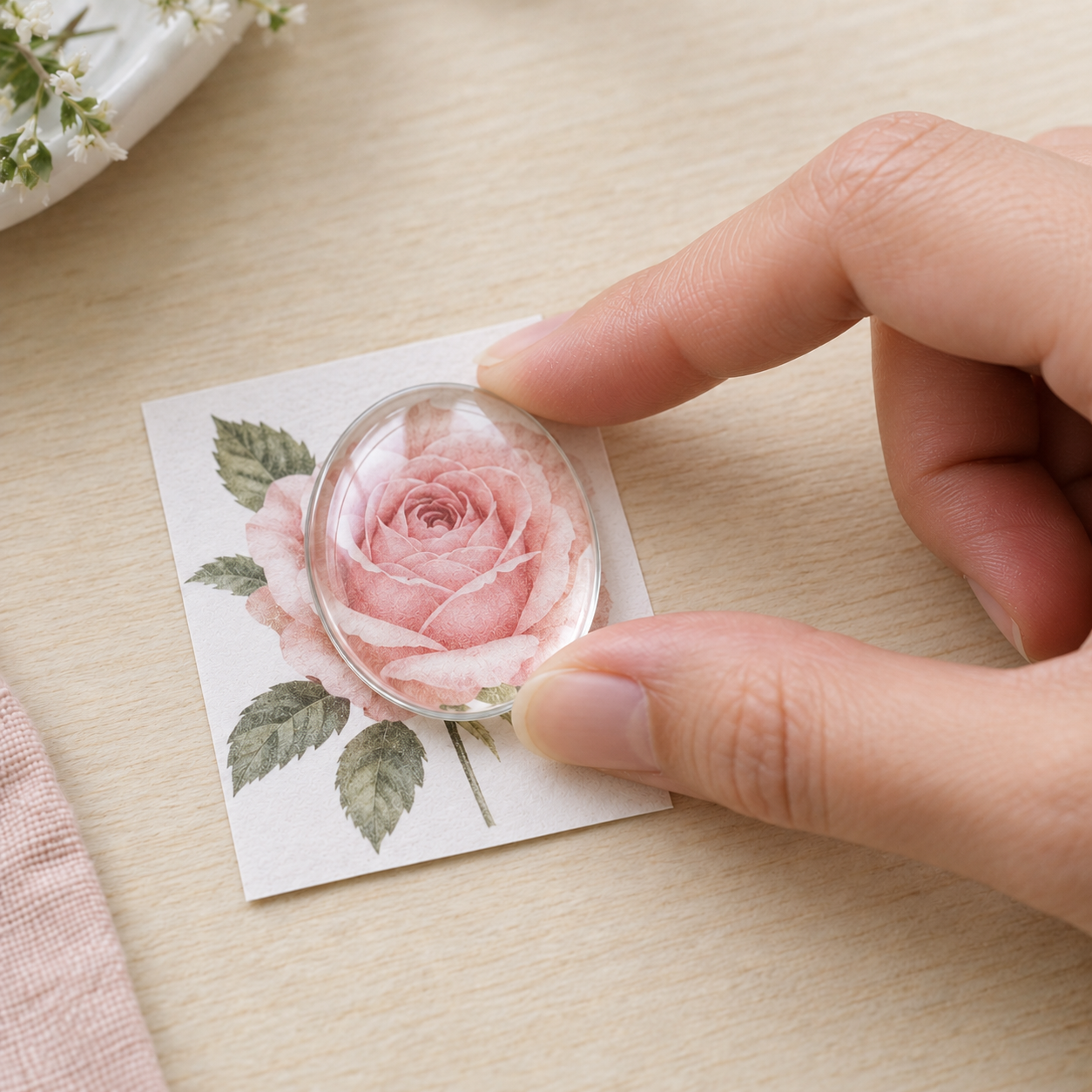Le cabochon posé sur la même rose imprimée et pressé doucement entre le pouce et l’index