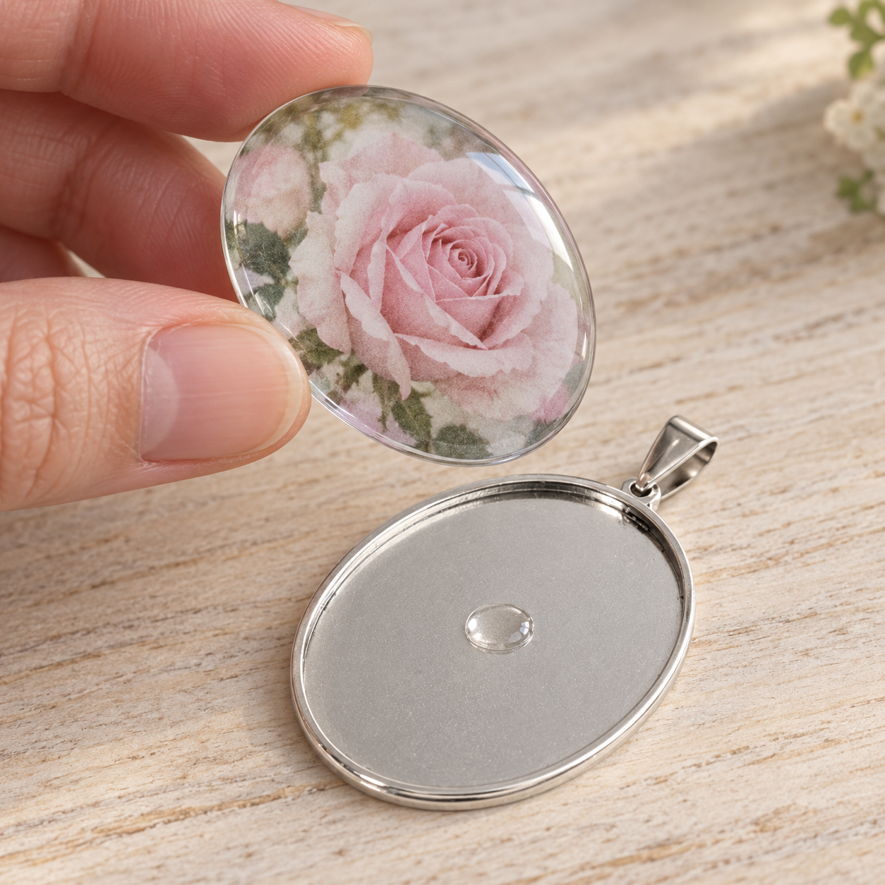 Le cabochon à la rose tenu au-dessus du véritable support pendentif argenté en acier inoxydable Fantasyline de 30x40mm