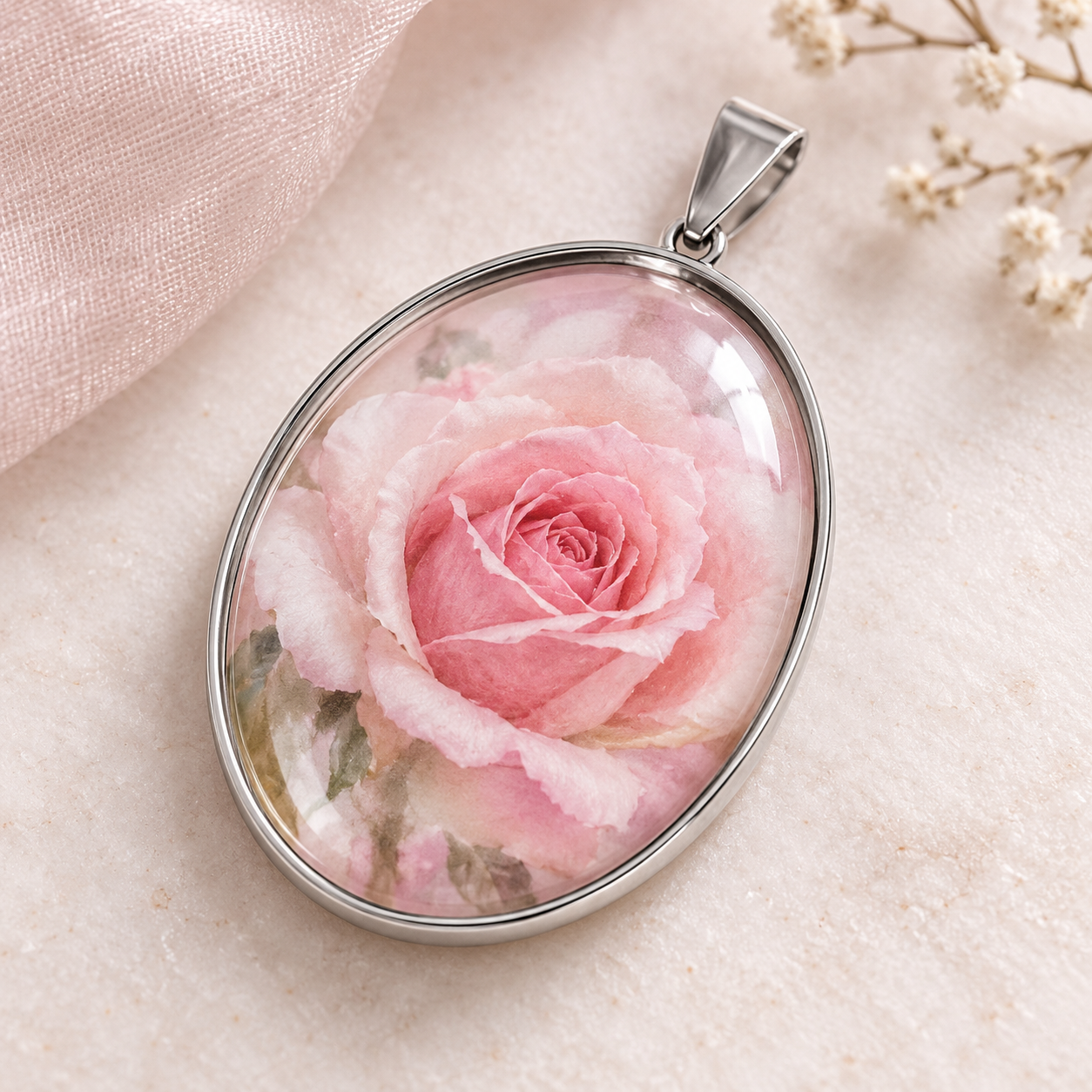 Le cabochon illustré à la rose installé dans le support pendentif argenté Fantasyline