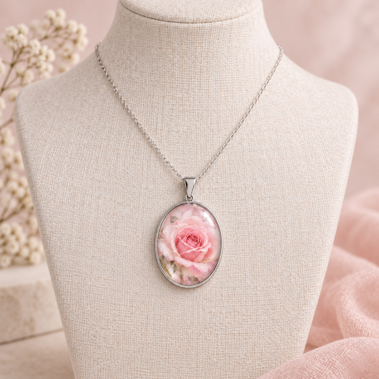 Le pendentif à la rose monté sur une chaîne fine argentée et présenté sur un buste